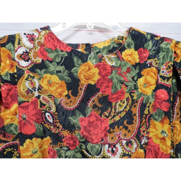 Vintage Eva Laurel New York Size 10 Floral Long Sleeve Pleated Blouse Red Orange - Picture 2 of 8